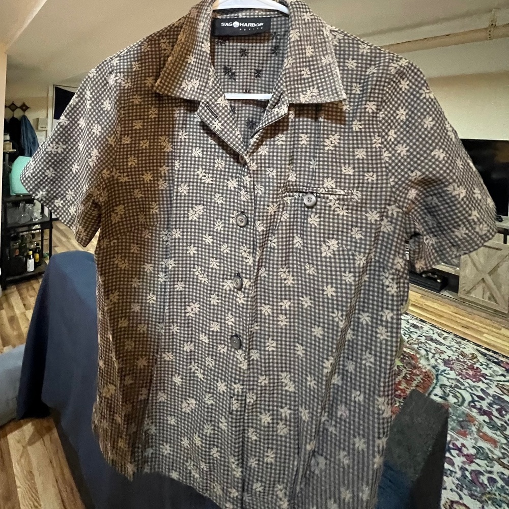 Gray Checkered Button-Down Blouse Petite